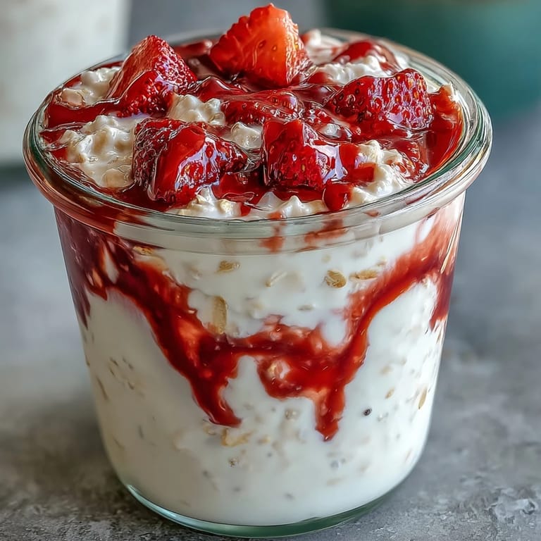 Creamy, airy overnight oats layered with vibrant strawberry swirl and crunchy nuts, served in a clear glass for an appetizing presentation.  