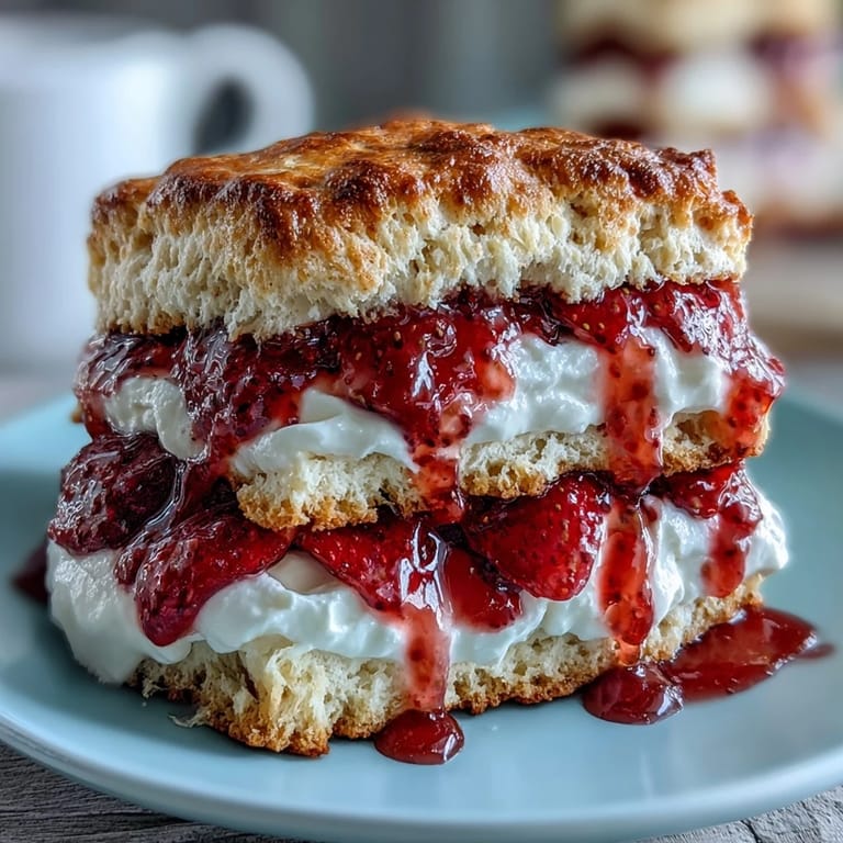 Buttery strawberry scones stacked with vanilla yogurt and juicy berry slices for a delightful summer dessert.