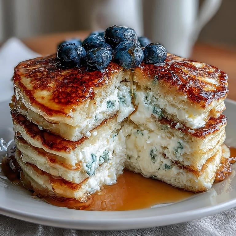 Soft and airy cottage cheese pancakes bursting with blueberries, ideal for a wholesome and protein-packed breakfast treat.