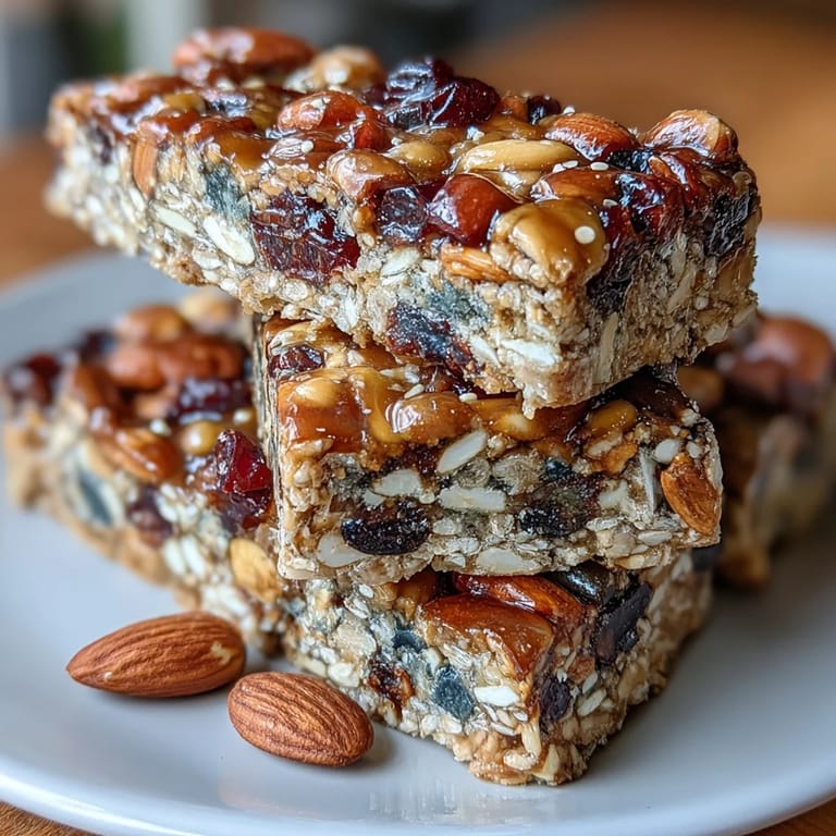 Golden-baked trail mix bars loaded with oats, honey, nuts, and seeds, offering a satisfying, energy-packed treat.