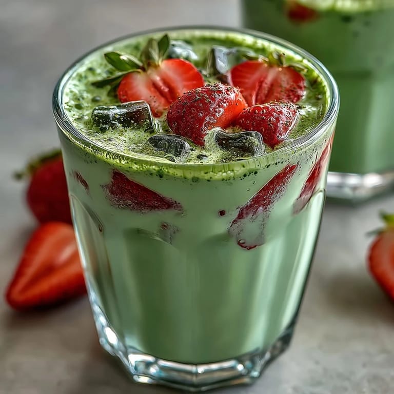 A refreshing dairy-free drink featuring sweet strawberries, earthy matcha, and smooth oat milk in a stunning glass.