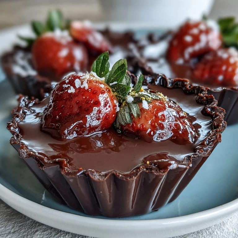 Dubai Chocolate Strawberry Cups with Pistachio Crunch: Elegant dessert featuring fresh strawberries nestled in rich chocolate cups, topped with buttery pistachio crunch and edible gold leaf.