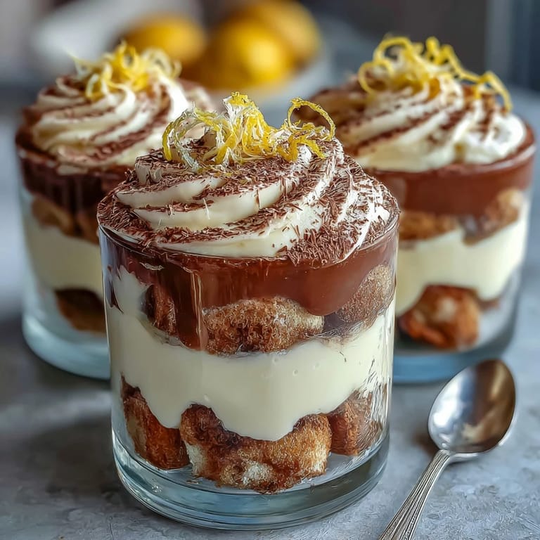 Elegant limoncello tiramisu jars featuring lemon-infused mascarpone, delicate ladyfinger layers, and a garnish of white chocolate and lemon zest.