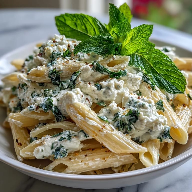 Close-up of a bowl of Pea and Ricotta Pasta with fresh mint garnish and cracked black pepper.