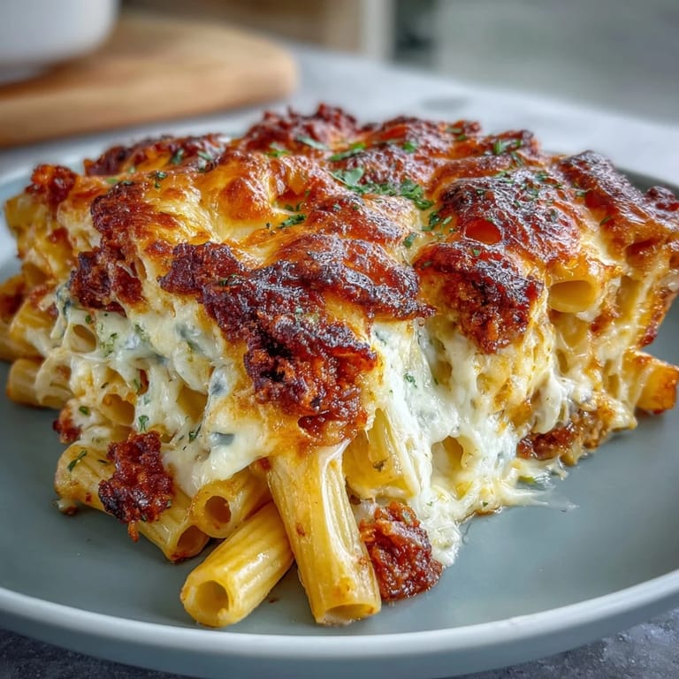 Warm and cheesy one-pot pasta bake with melted cheddar, tender noodles, and rich tomato sauce in a rustic skillet.