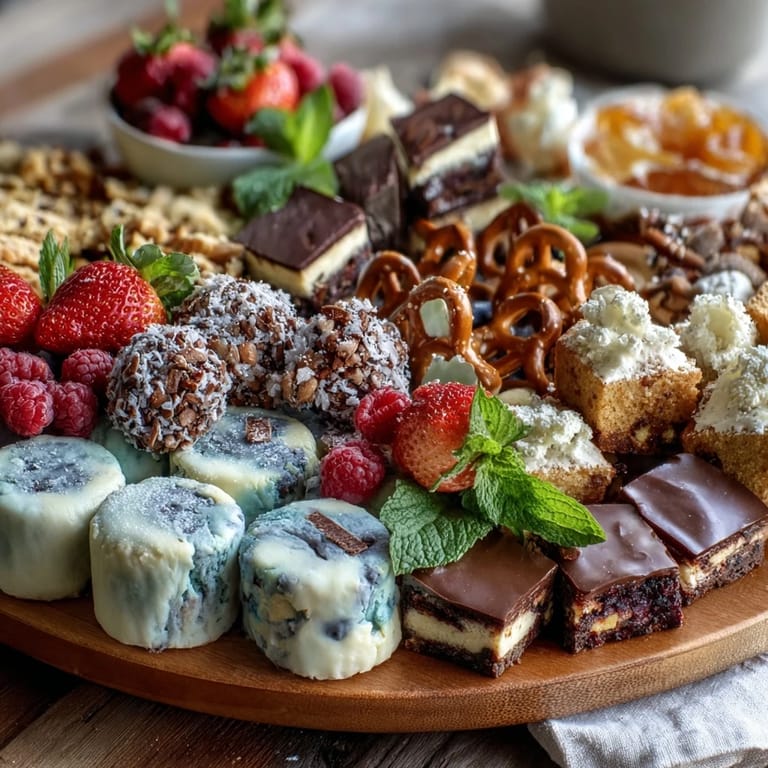 Grad Party Dessert Board with Mini Treats and Cake Slices: Festive dessert spread featuring mini brownies, truffles, fruit tarts, and fresh berries, beautifully displayed for graduation gatherings and celebrations.