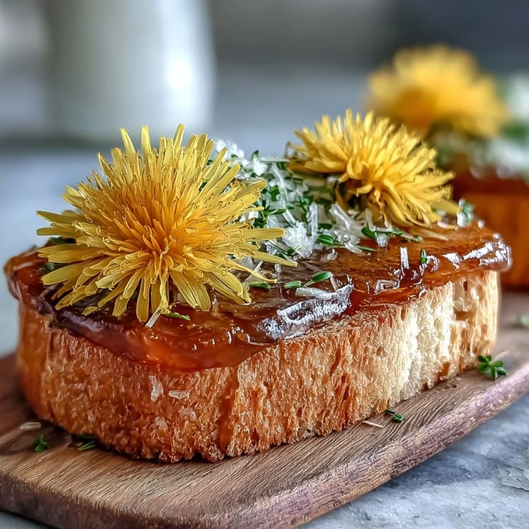 Golden dandelion jelly spread thickly on warm, crusty bread, showcasing its smooth consistency and inviting, honey-like aroma.