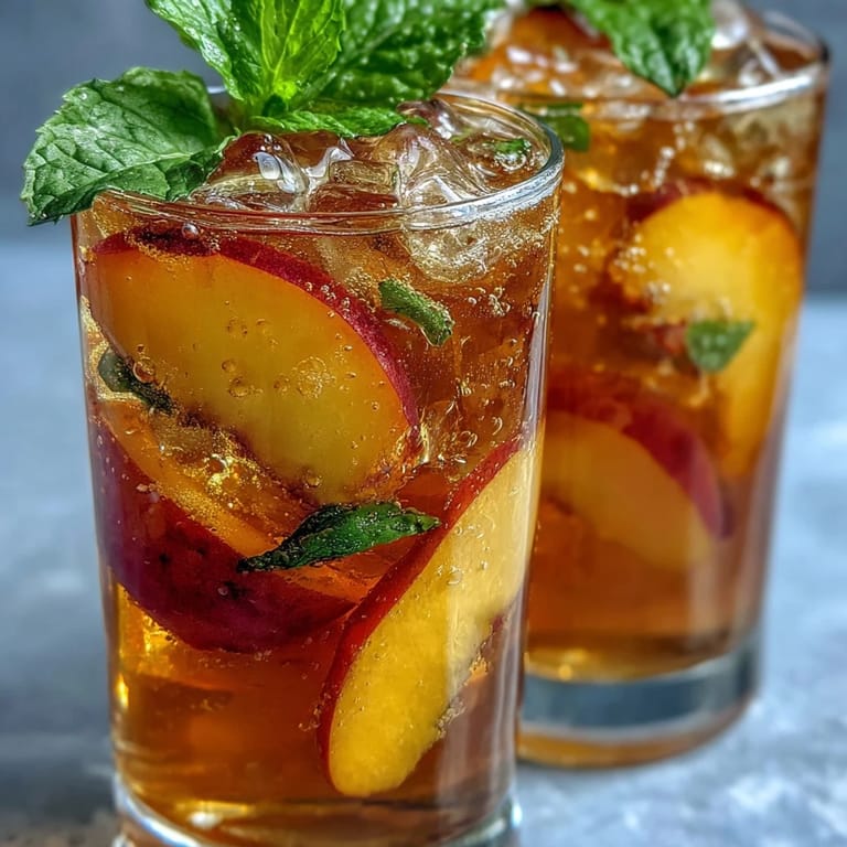 Vibrant Mango Peach Sparkling Tea with fruit puree and chilled black tea, topped with sparkling water.