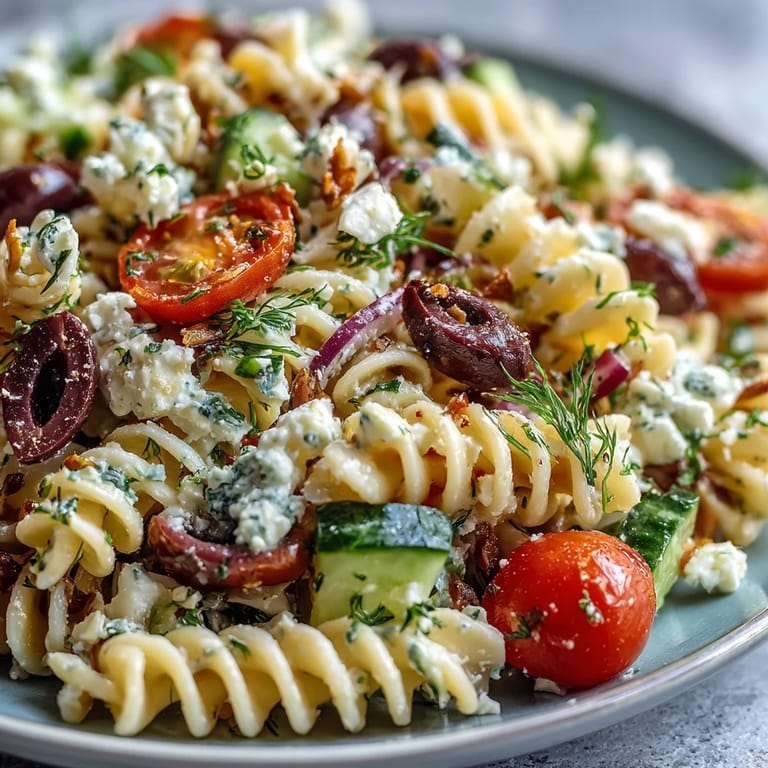 Vibrant Greek-style pasta salad featuring juicy tomatoes, crisp cucumbers, and creamy feta for a refreshing meal.  