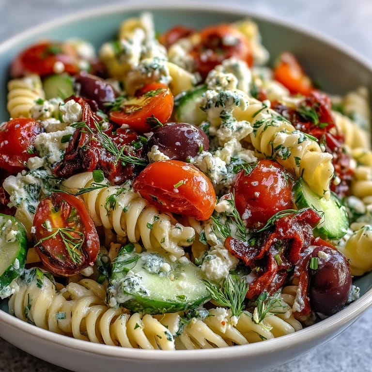 Hearty Greek pasta salad with briny olives, ripe tomatoes, and feta, perfect for warm-weather gatherings or picnics.