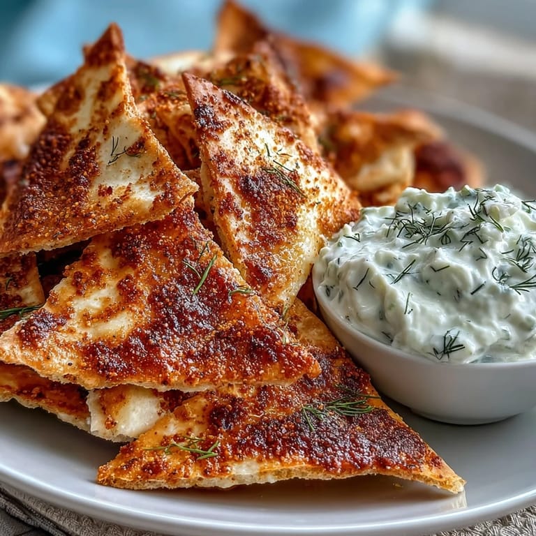 Crunchy homemade pita chips alongside smooth, tangy tzatziki dip — perfect for sharing at summer gatherings.