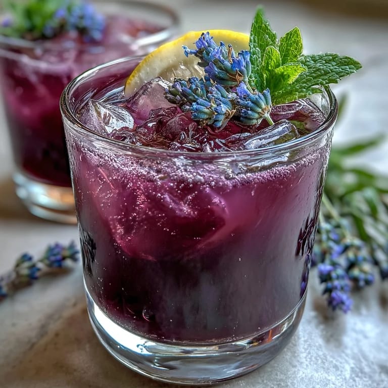 Refreshing Purple Rain Lavender Lemonade Refresher featuring a stunning purple hue and citrus garnish in chilled glasses.