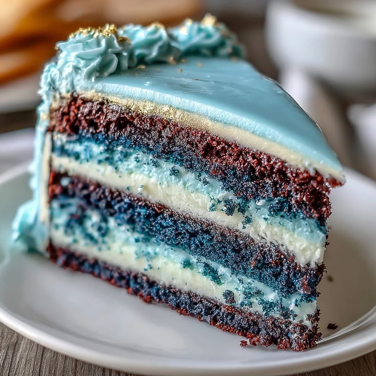 Layered graduation cake with rich dark blue ombre interior, vanilla buttercream, and shimmering gold decorations for a celebratory dessert centerpiece.