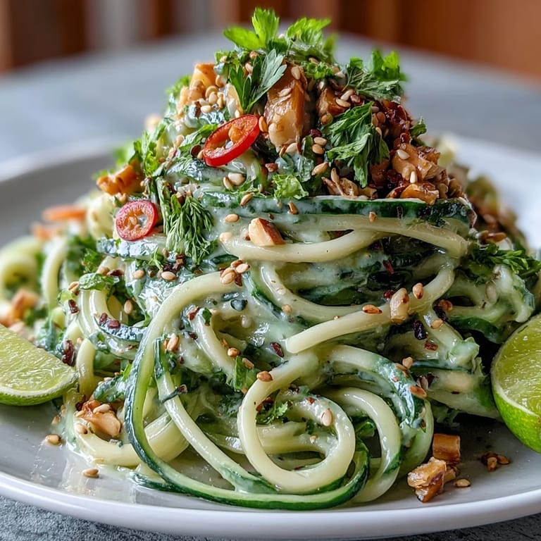 Refreshing vegetarian sesame noodle dish with crisp cucumber, carrots, and a drizzle of tangy sesame dressing.  