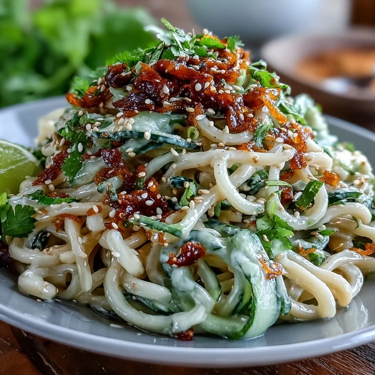 Creamy sesame noodles topped with crunchy cucumber, carrots, and cilantro—perfect chilled summer lunch or side dish.