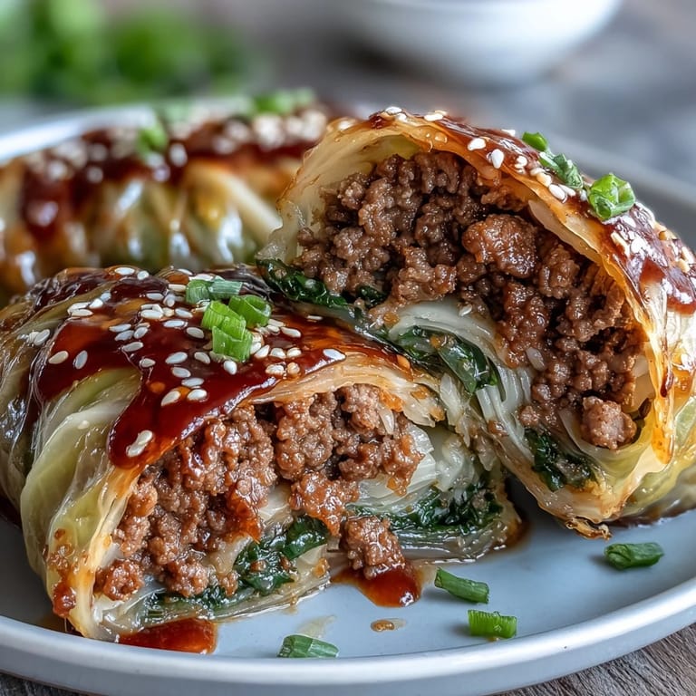 A close-up of homemade Korean cabbage rolls, showcasing the vibrant gochujang-seasoned beef wrapped in soft Napa cabbage leaves.