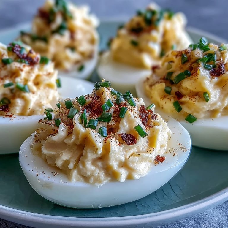 Deviled eggs filled with zesty sweet pickle relish, ready to be enjoyed.