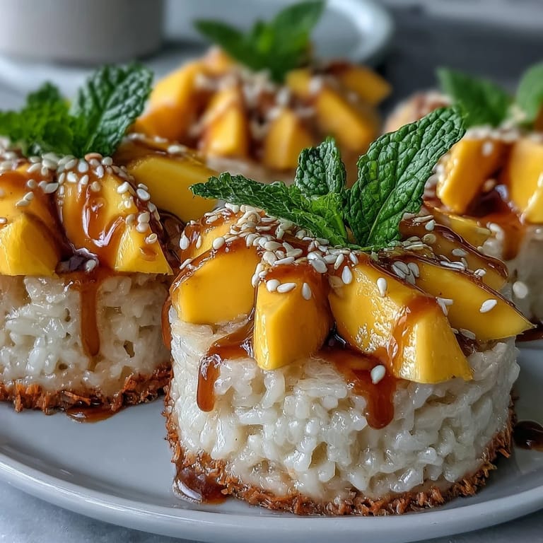 Individual portions of decadent coconut mango sticky rice, a delightful Thai dessert treat.