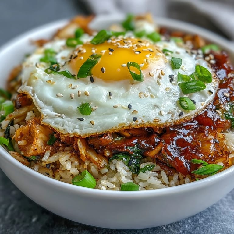Savory Korean-inspired kimchi fried rice bowl begging for a bite.