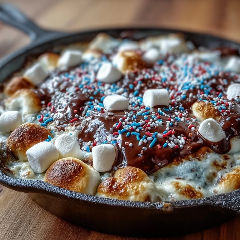 Festive 3-ingredient 4th of July S'mores Dip, golden and melty.