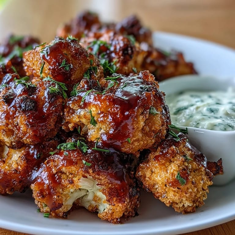 Close-up photo shows oven-baked BBQ cauliflower wings ready to be devoured.
