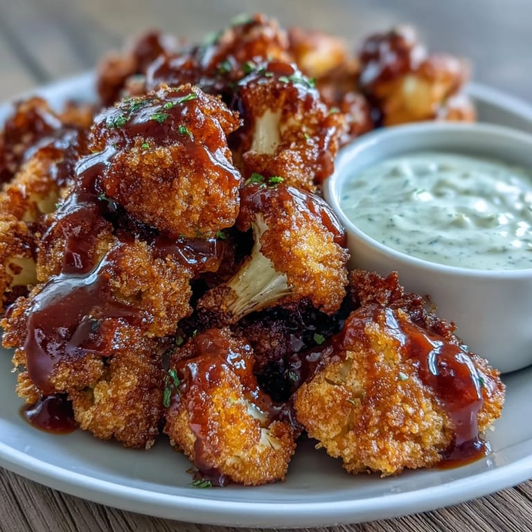 Smoky BBQ cauliflower wings arranged artfully with a cool vegan ranch dip.