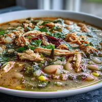 A steaming bowl of white bean chicken chili topped with fresh cilantro and avocado slices, perfect for a cozy weeknight dinner.  
