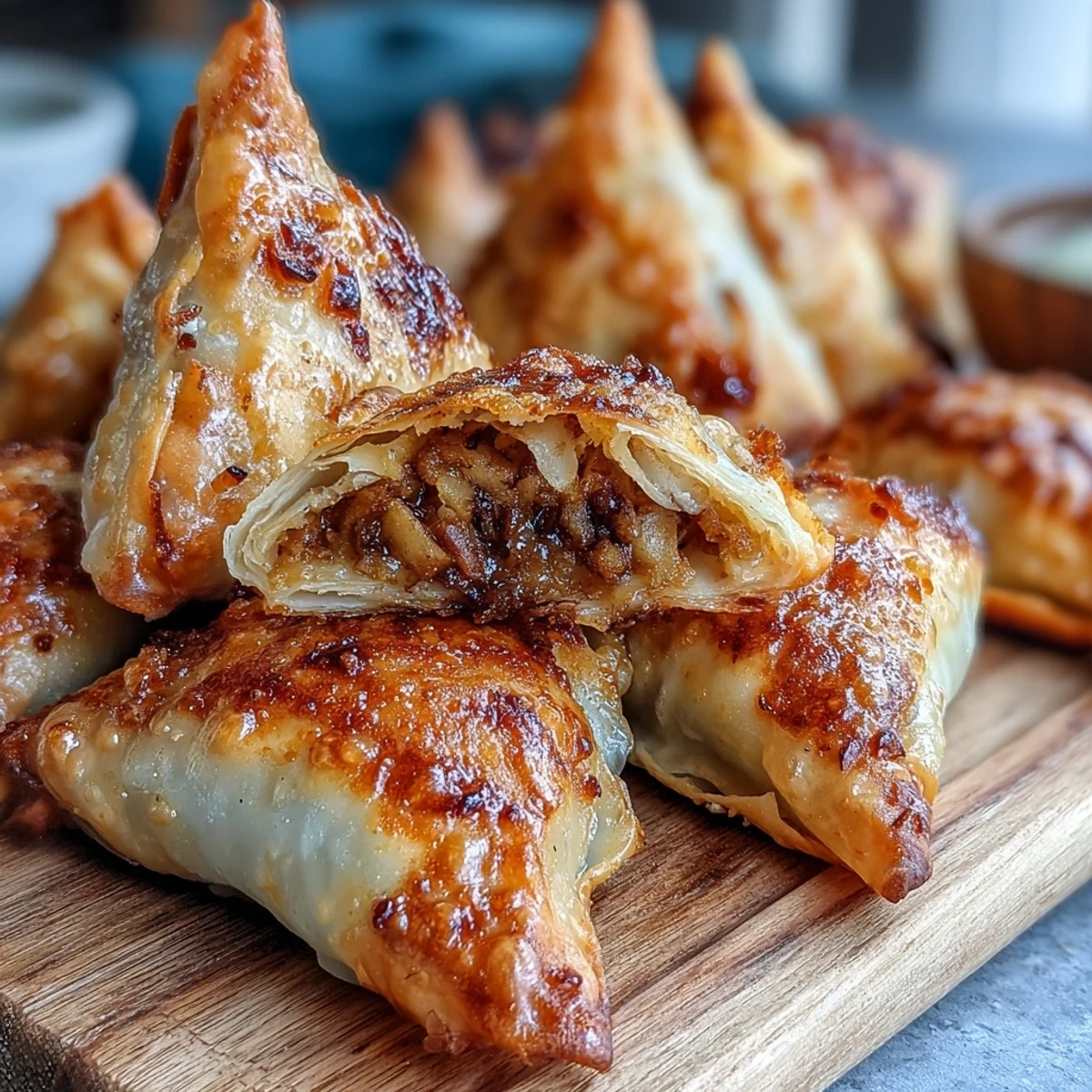 Crispy air fried vegetable samosas with golden pastry and spiced potato-pea filling, served with vibrant mint chutney.  
