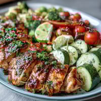 Healthy Easy One-Pan Lemon Chicken and Veggie Bake: golden chicken breasts and vibrant vegetables roasted with zesty lemon-herb marinade for a colorful, flavorful dinner.