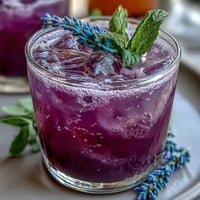Vibrant Purple Rain Lavender Lemonade Refresher with fresh lemon slices and lavender sprigs in a clear pitcher.