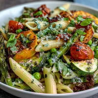 Vibrant spring pasta primavera with fresh vegetables and herbs in a light lemon sauce.