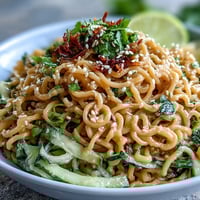 Cold sesame noodle bowl with cucumber, julienned carrots, and fresh herbs in creamy sesame sauce.  