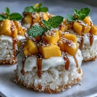 Sweet coconut mango sticky rice cups topped with fresh, juicy diced mangoes and seeds.