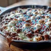 Gooey 4th of July S'mores Dip in cast iron skilet, ready for dipping.