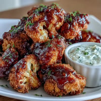 Crispy vegan BBQ cauliflower wings glistening with sauce, next to creamy ranch.